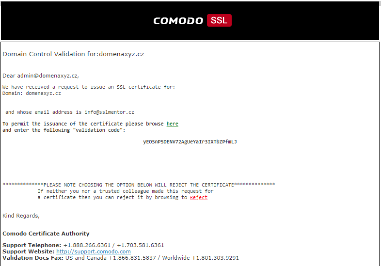 Validacioni e-mail CA Comodo